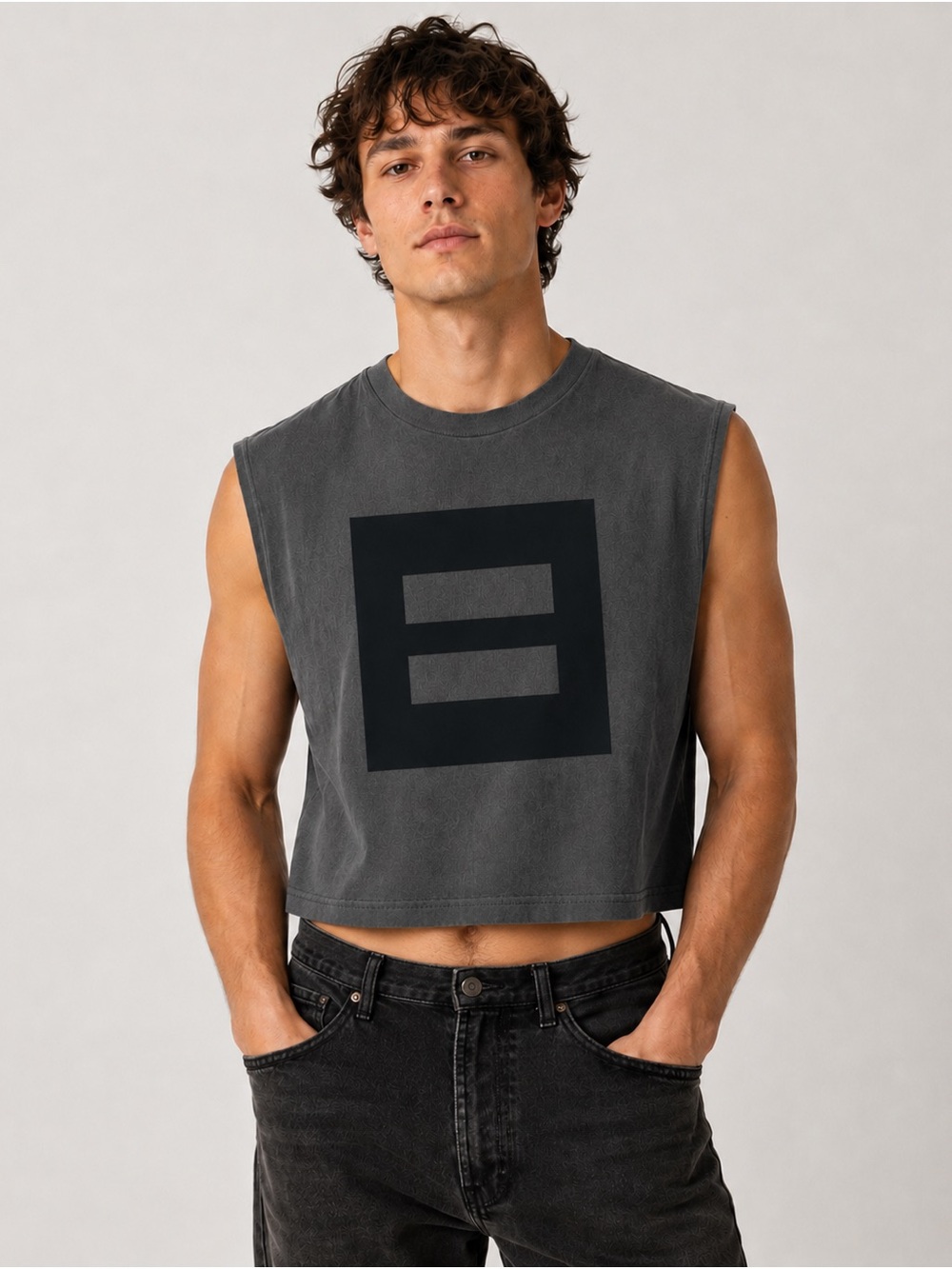 Cropped Sleeveless Graphic Tank Top - Charcoal
